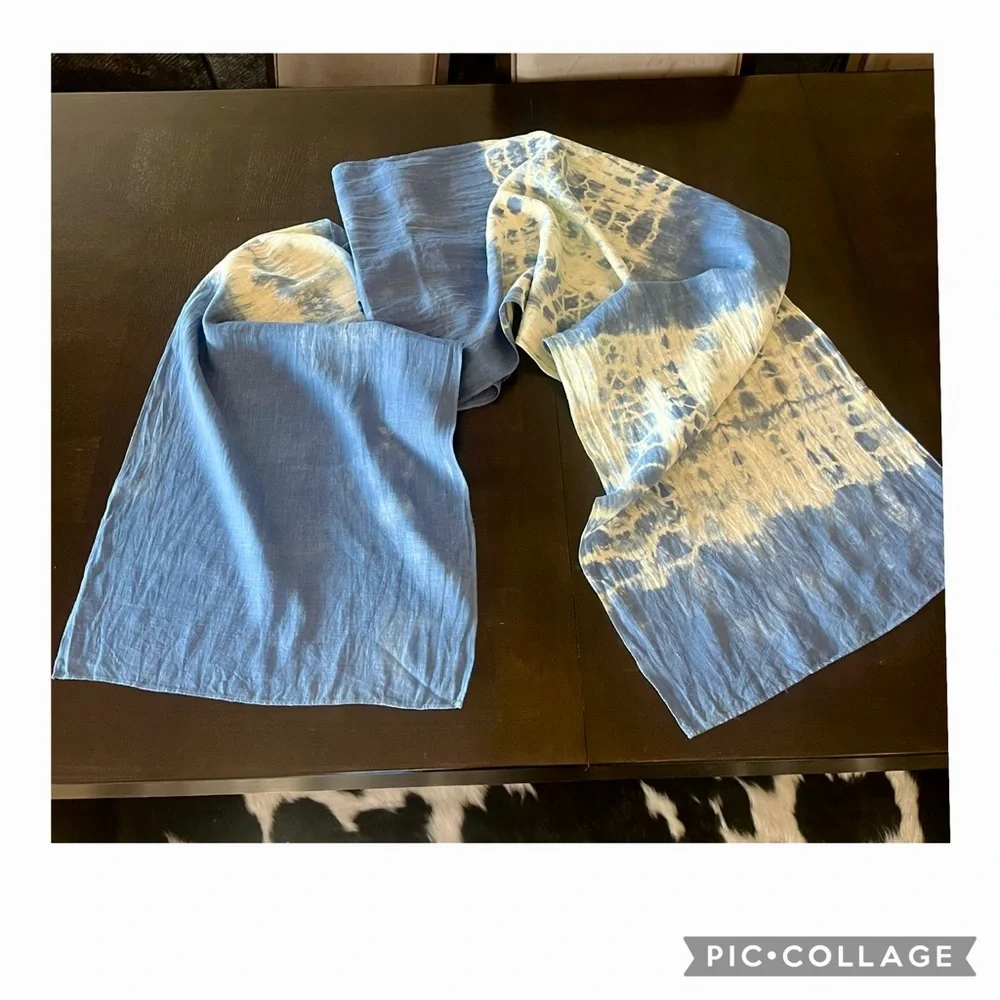 100% Linen Hand-Dyed Shibori Table Runner Blue Cream Boho Coastal 18x100